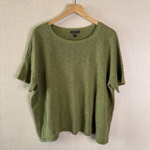 Eileen Fisher Organic Linen Cotton Knit Top Womens XL Green Short Sleeve Boxy